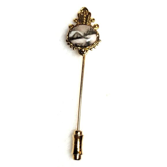 Antique Victorian Dendritic Agate Stick Pin Natural Winter Scene Gemstone - Picture 3 of 6